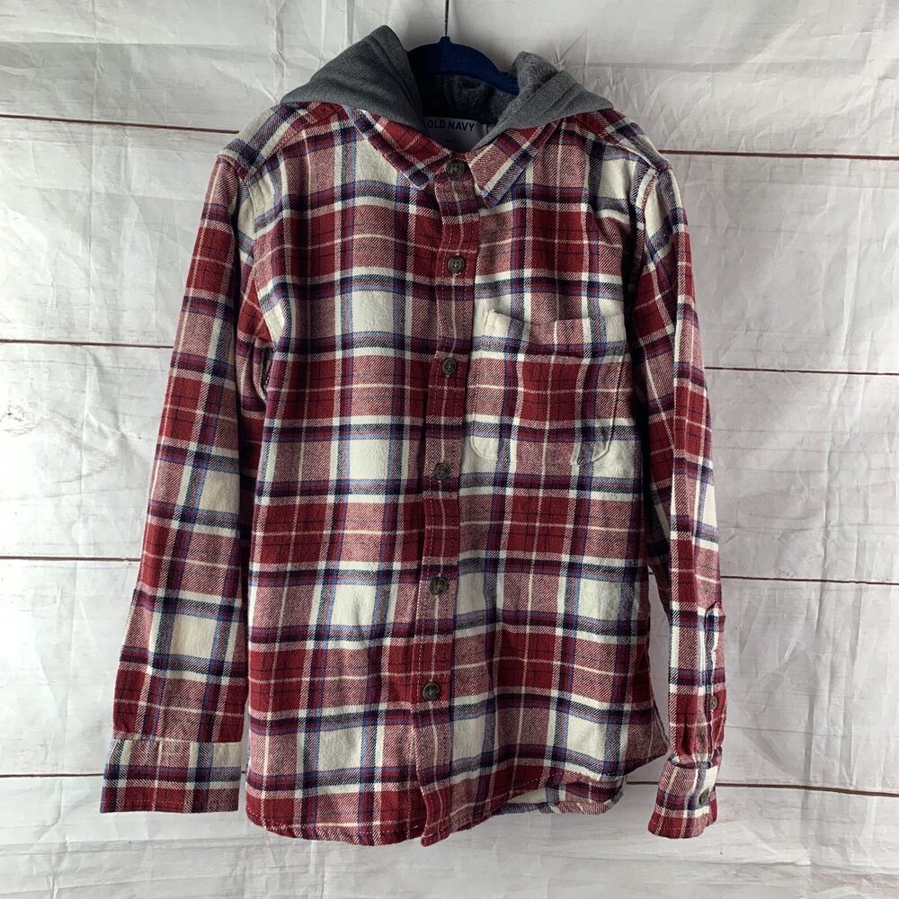 Old Navy Boys Shirt Kids Plaid Flannel Hooded Buttons Red Fleece Cowboy 6 7 S - Picture 2 of 12